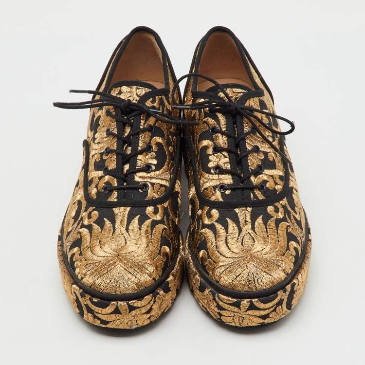 Pre Owned Tory Burch Black/Gold Brocade Fabric Arden Platform Oxfords Size 38.5
