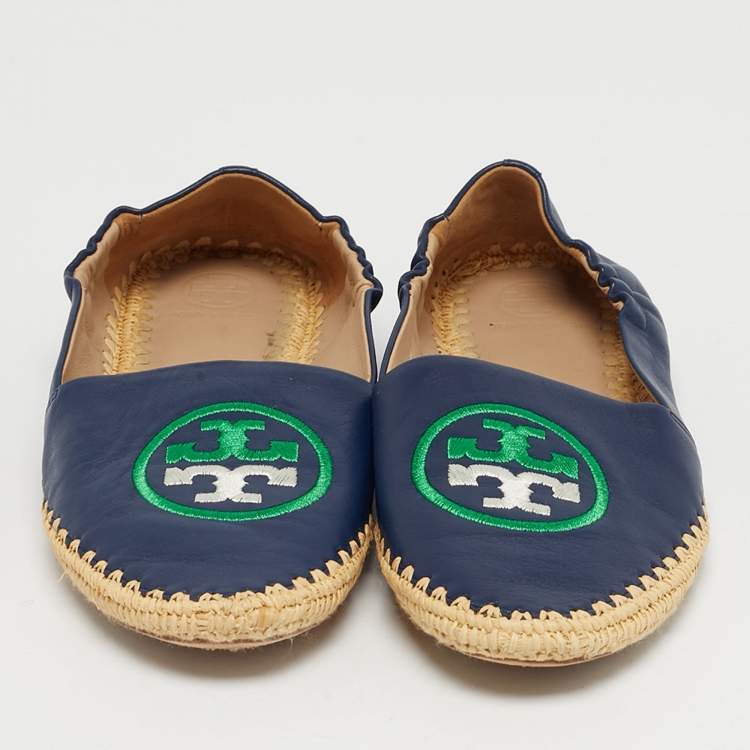 Pre Owned Tory Burch Navy Blue Leather Ines Espadrille Flats Size 37.5