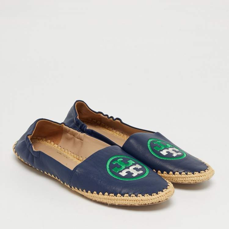 Pre Owned Tory Burch Navy Blue Leather Ines Espadrille Flats Size 37.5