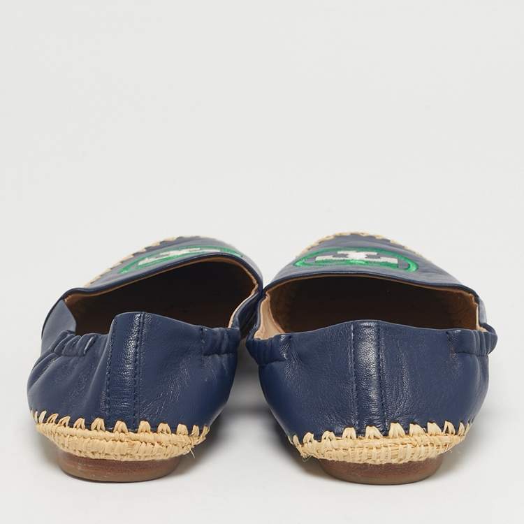 Pre Owned Tory Burch Navy Blue Leather Ines Espadrille Flats Size 37.5