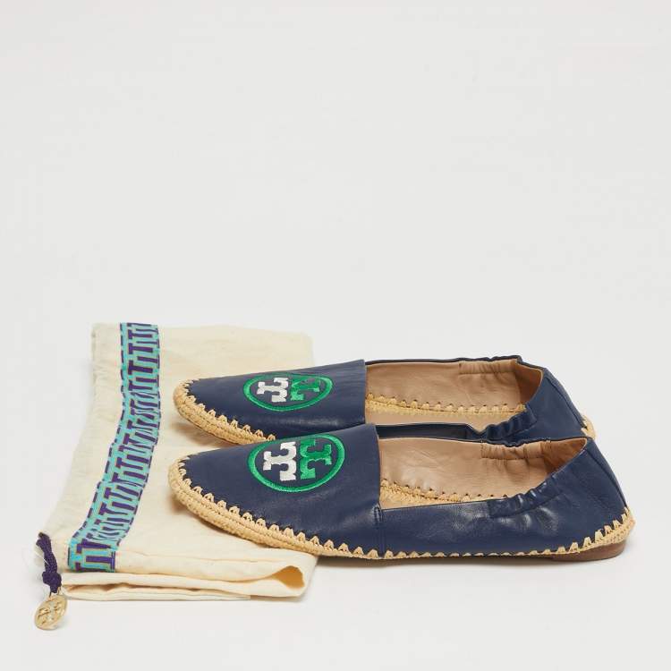 Pre Owned Tory Burch Navy Blue Leather Ines Espadrille Flats Size 37.5
