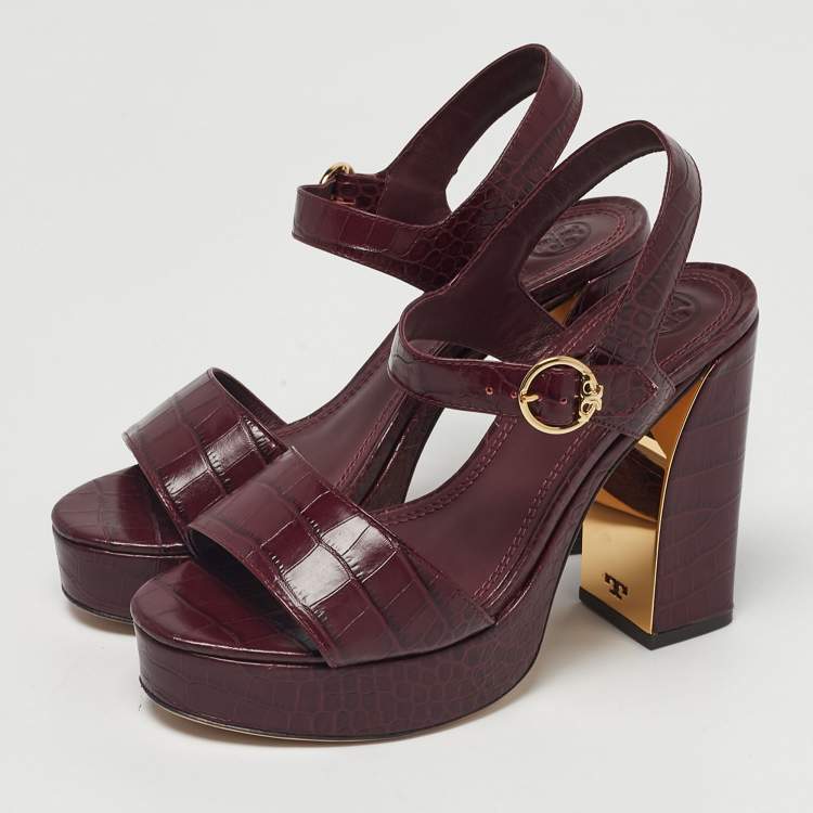 Pre Owned Tory Burch Burgundy Embossed Crocodile Maritine Sandals Size 38