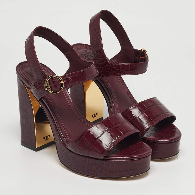 Pre Owned Tory Burch Burgundy Embossed Crocodile Maritine Sandals Size 38