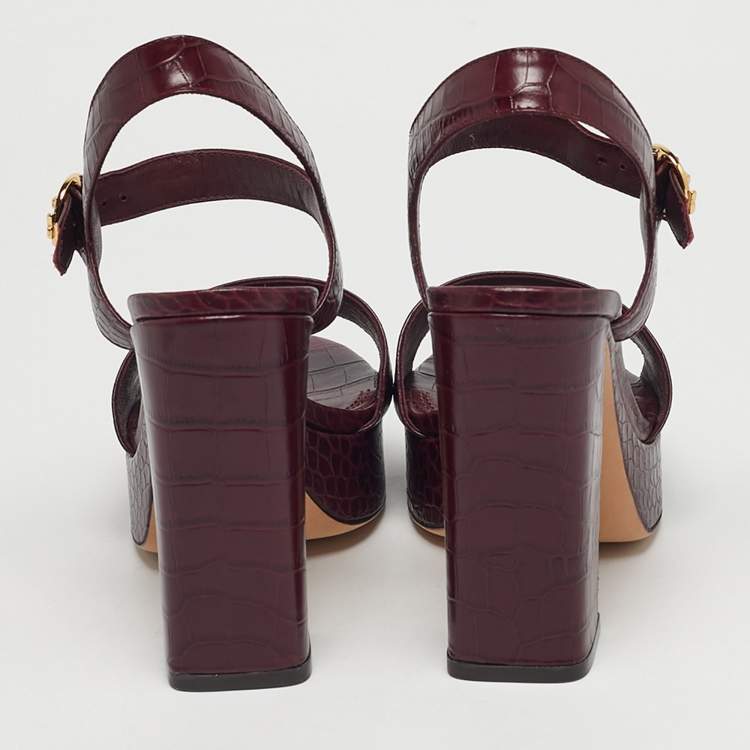 Pre Owned Tory Burch Burgundy Embossed Crocodile Maritine Sandals Size 38