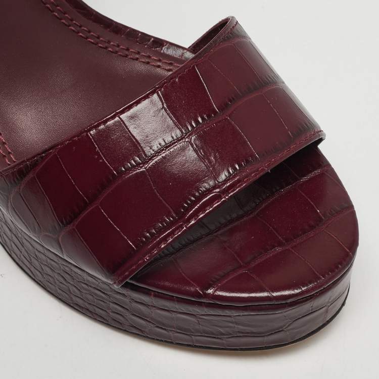 Pre Owned Tory Burch Burgundy Embossed Crocodile Maritine Sandals Size 38