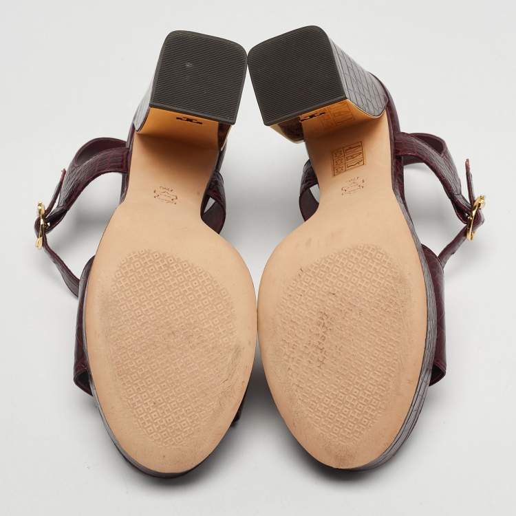 Pre Owned Tory Burch Burgundy Embossed Crocodile Maritine Sandals Size 38