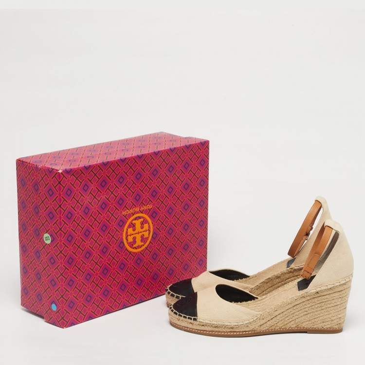 Pre Owned Tory Burch Beige/Black Canvas and Leather Espadrille Wedge Pumps Size 40