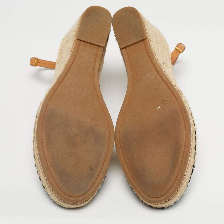 Pre Owned Tory Burch Beige/Black Canvas and Leather Espadrille Wedge Pumps Size 40
