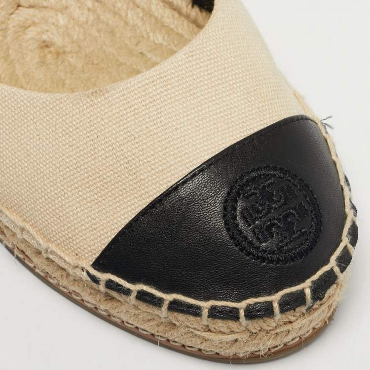 Pre Owned Tory Burch Beige/Black Canvas and Leather Espadrille Wedge Pumps Size 40