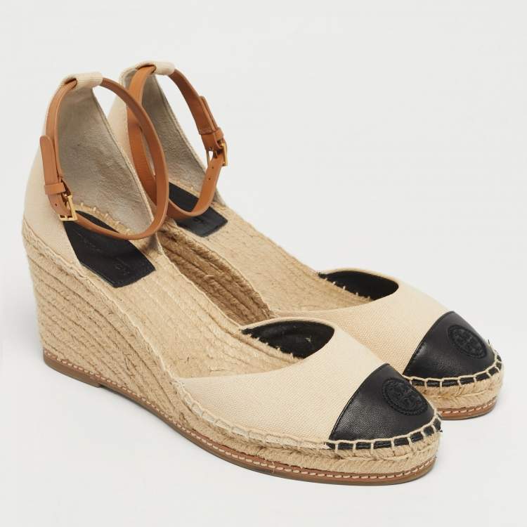 Pre Owned Tory Burch Beige/Black Canvas and Leather Espadrille Wedge Pumps Size 40
