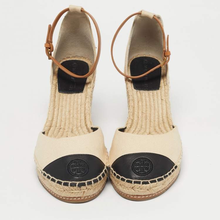 Pre Owned Tory Burch Beige/Black Canvas and Leather Espadrille Wedge Pumps Size 40