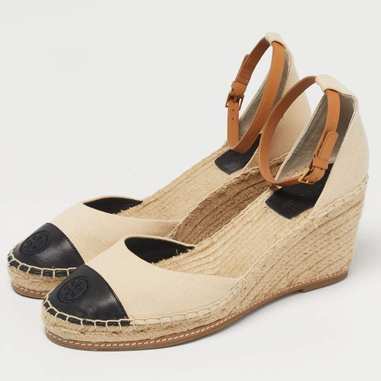 Pre Owned Tory Burch Beige/Black Canvas and Leather Espadrille Wedge Pumps Size 40