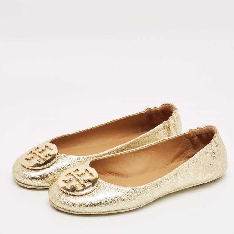 Pre Owned Tory Burch Gold Leather Minnie Travel Ballet Flats Size 39.5