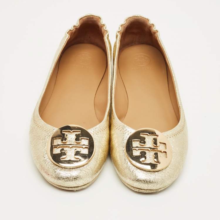 Pre Owned Tory Burch Gold Leather Minnie Travel Ballet Flats Size 39.5