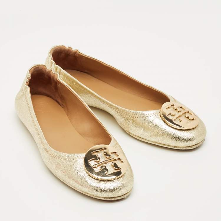 Pre Owned Tory Burch Gold Leather Minnie Travel Ballet Flats Size 39.5
