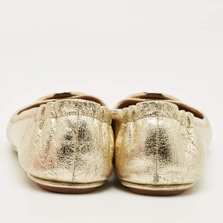 Pre Owned Tory Burch Gold Leather Minnie Travel Ballet Flats Size 39.5