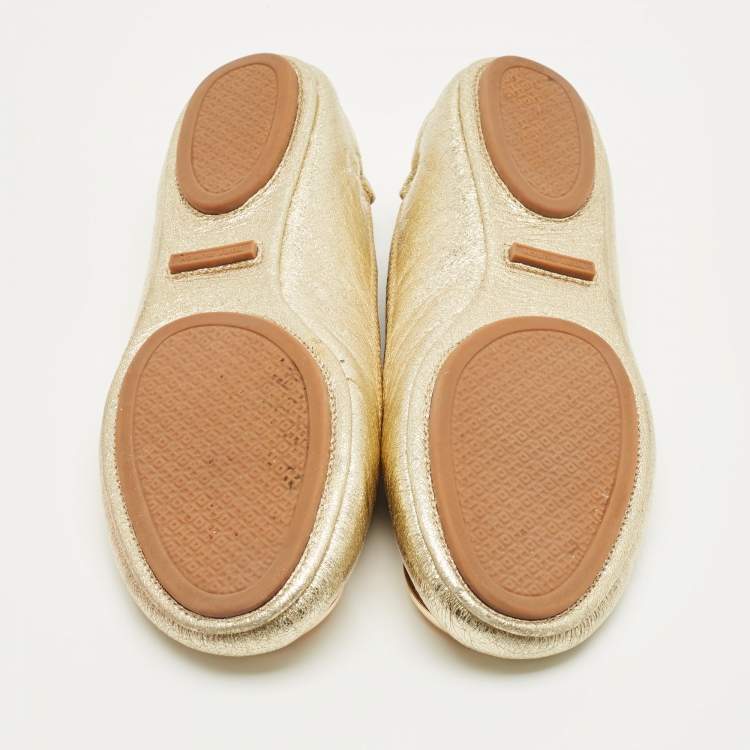 Pre Owned Tory Burch Gold Leather Minnie Travel Ballet Flats Size 39.5