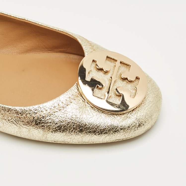 Pre Owned Tory Burch Gold Leather Minnie Travel Ballet Flats Size 39.5