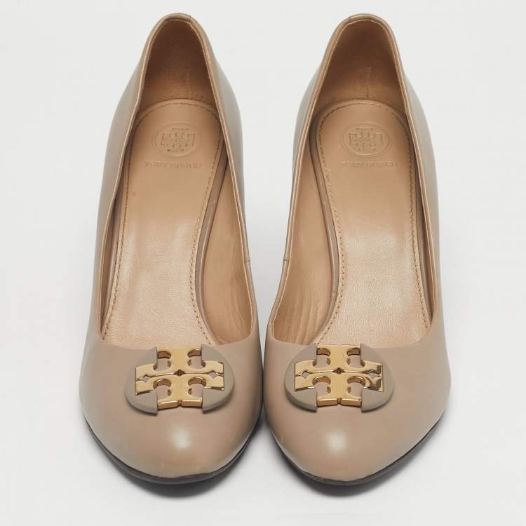 Pre Owned Tory Burch Grey Leather Sally Wedge Pumps Size 39