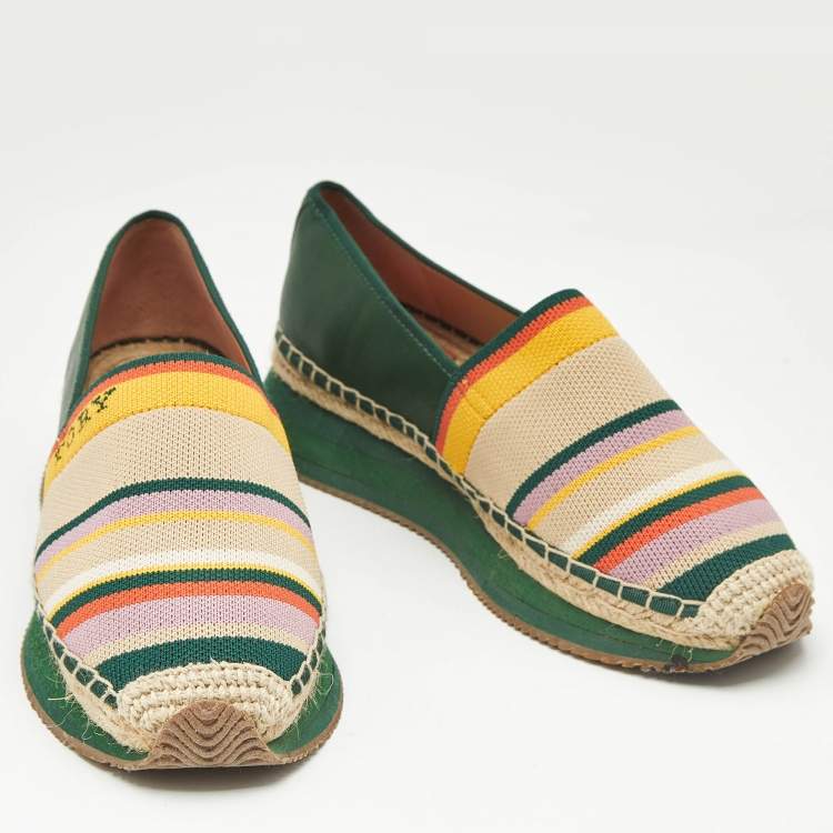 Pre Owned Tory Burch Multicolor Knit Fabric and Leather Espadrille Sneakers Flats Size 37