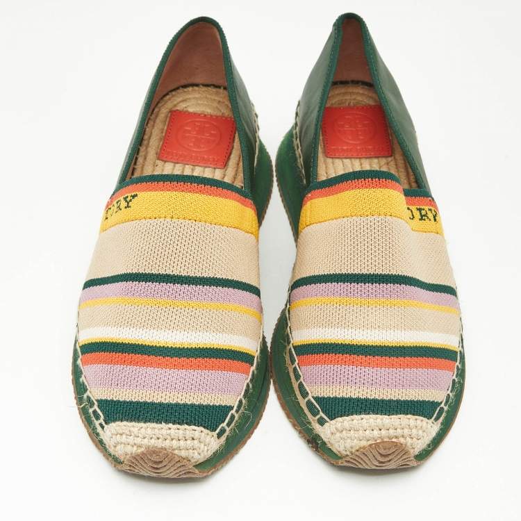 Pre Owned Tory Burch Multicolor Knit Fabric and Leather Espadrille Sneakers Flats Size 37