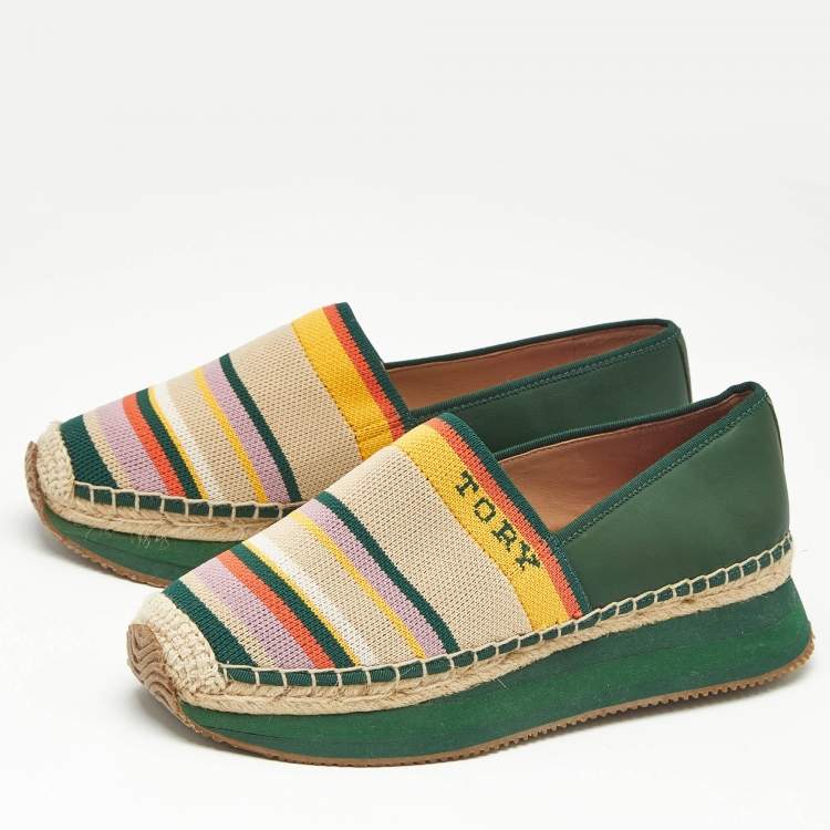Pre Owned Tory Burch Multicolor Knit Fabric and Leather Espadrille Sneakers Flats Size 37
