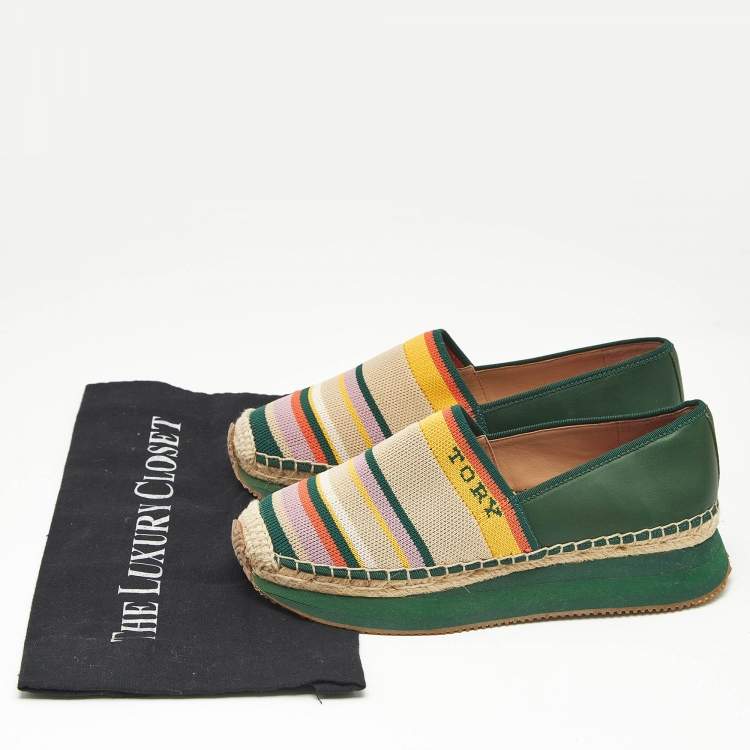 Pre Owned Tory Burch Multicolor Knit Fabric and Leather Espadrille Sneakers Flats Size 37