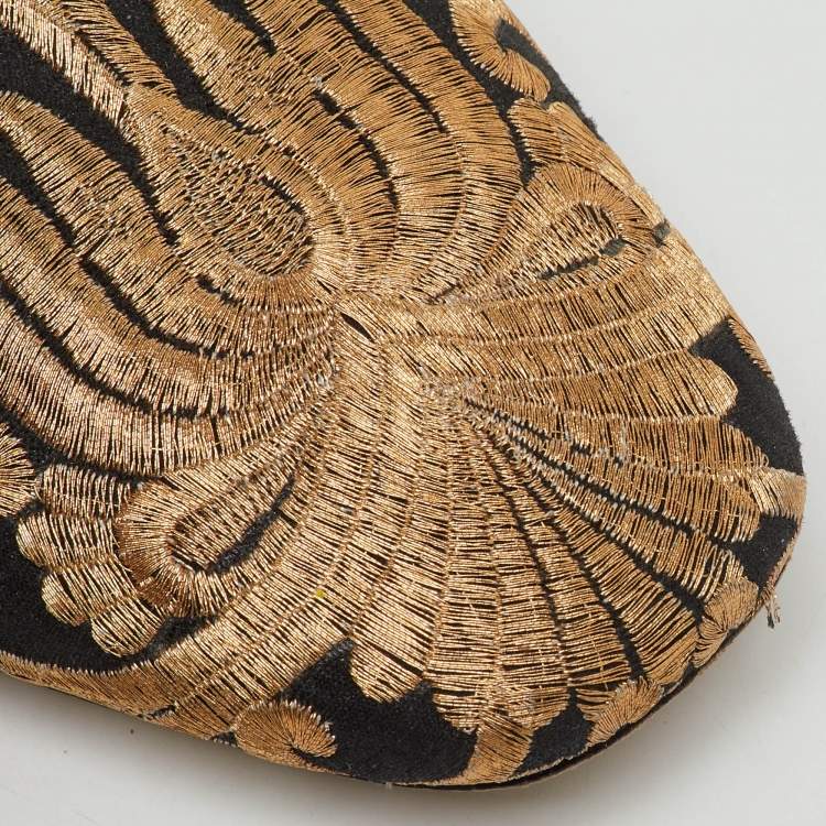 Pre Owned Tory Burch Black/Gold Brocade Fabric Flat Mules Size 37