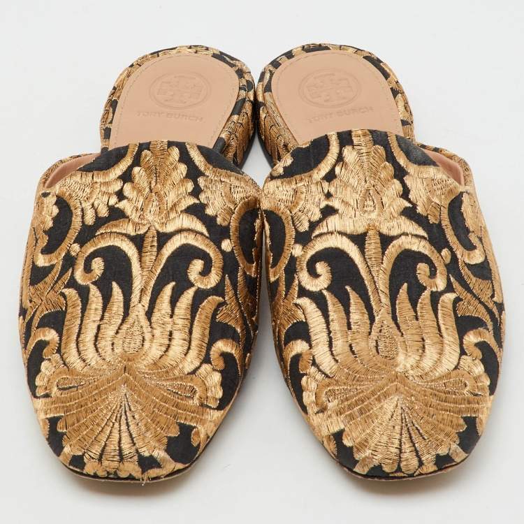 Pre Owned Tory Burch Black/Gold Brocade Fabric Flat Mules Size 37