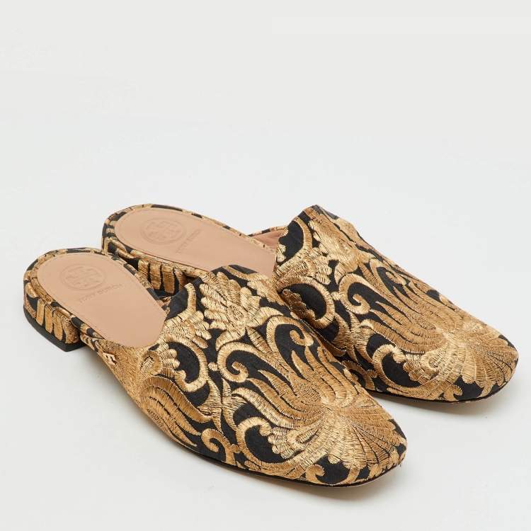 Pre Owned Tory Burch Black/Gold Brocade Fabric Flat Mules Size 37