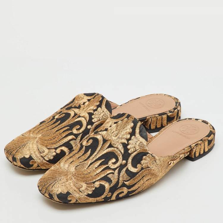 Pre Owned Tory Burch Black/Gold Brocade Fabric Flat Mules Size 37