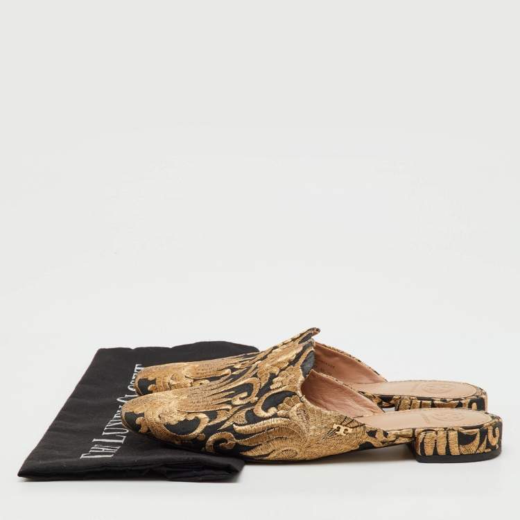 Pre Owned Tory Burch Black/Gold Brocade Fabric Flat Mules Size 37