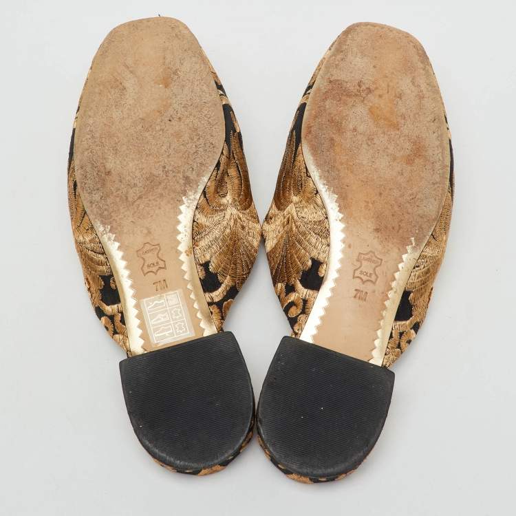 Pre Owned Tory Burch Black/Gold Brocade Fabric Flat Mules Size 37