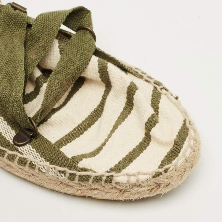 Pre Owned Tory Burch Green/White Stripe Canvas Ankle Wrap Espadrille Flats Size 37