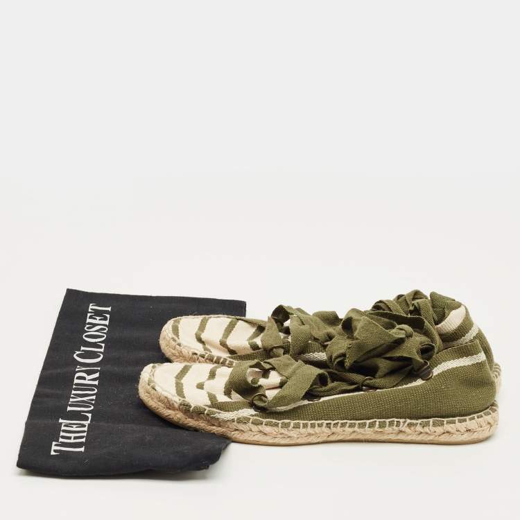 Pre Owned Tory Burch Green/White Stripe Canvas Ankle Wrap Espadrille Flats Size 37