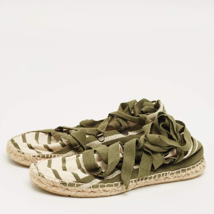 Pre Owned Tory Burch Green/White Stripe Canvas Ankle Wrap Espadrille Flats Size 37
