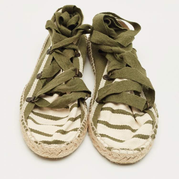 Pre Owned Tory Burch Green/White Stripe Canvas Ankle Wrap Espadrille Flats Size 37