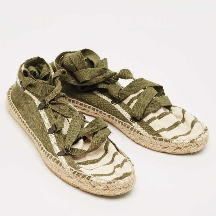 Pre Owned Tory Burch Green/White Stripe Canvas Ankle Wrap Espadrille Flats Size 37