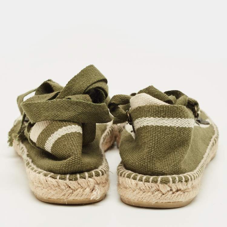 Pre Owned Tory Burch Green/White Stripe Canvas Ankle Wrap Espadrille Flats Size 37