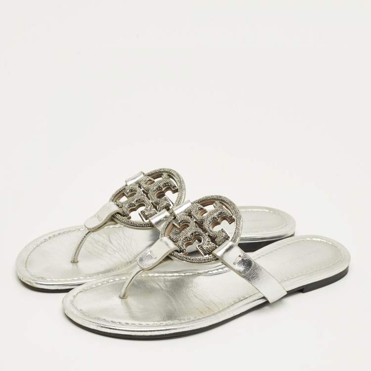 Pre Owned Tory Burch Silver Leather Miller Thong Sandals Size 37.5