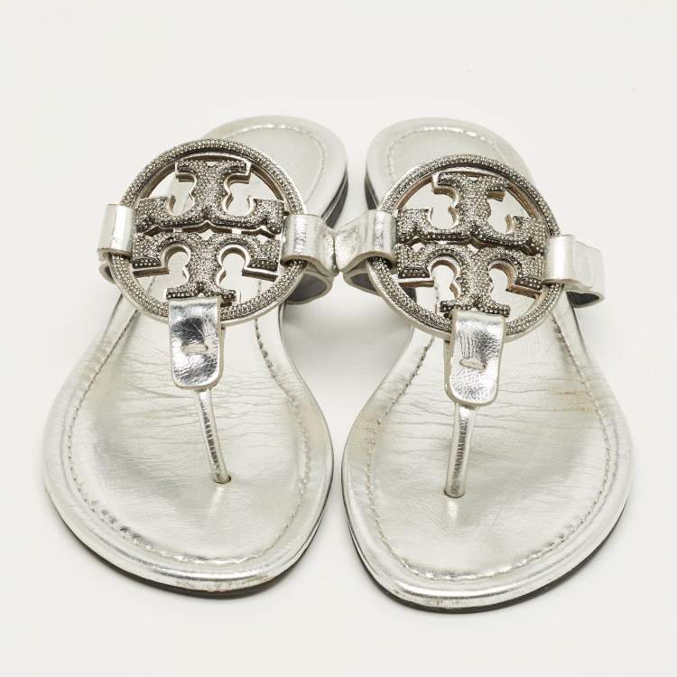 Pre Owned Tory Burch Silver Leather Miller Thong Sandals Size 37.5