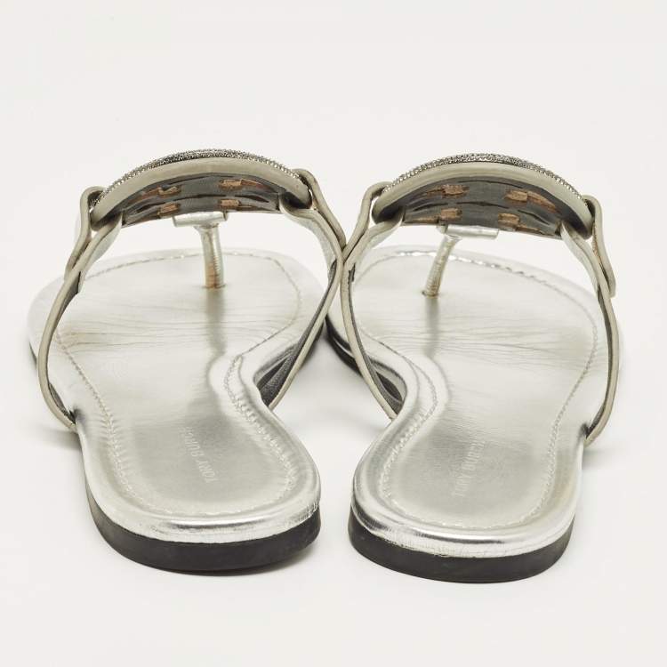 Pre Owned Tory Burch Silver Leather Miller Thong Sandals Size 37.5