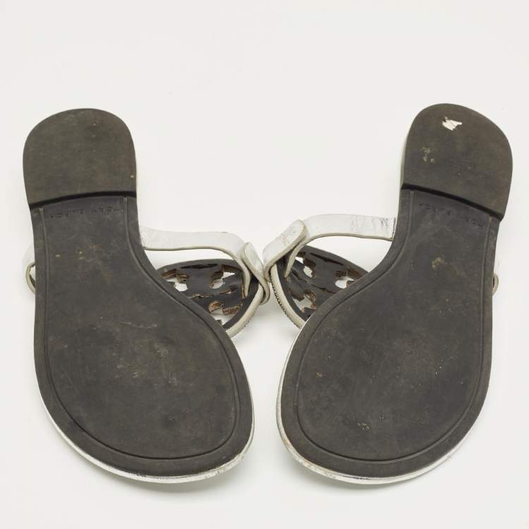 Pre Owned Tory Burch Silver Leather Miller Thong Sandals Size 37.5