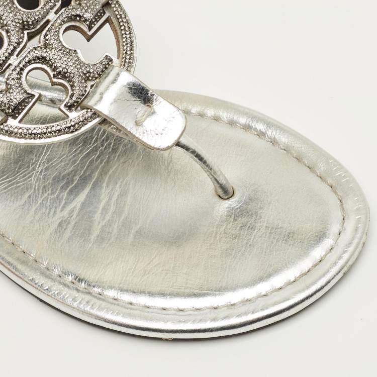Pre Owned Tory Burch Silver Leather Miller Thong Sandals Size 37.5