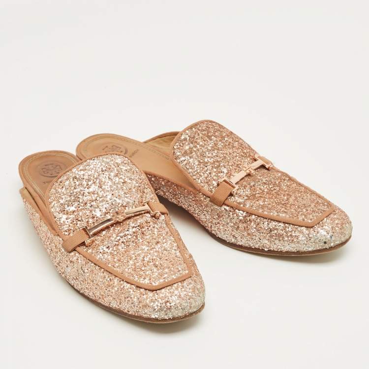 Pre Owned Tory Burch Gold Glitter Amalia Mules Size 39