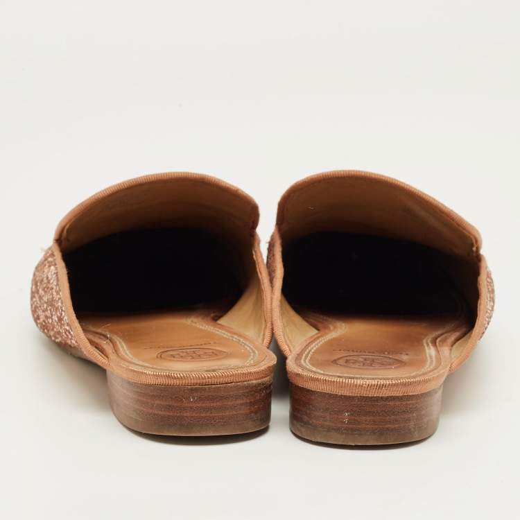 Pre Owned Tory Burch Gold Glitter Amalia Mules Size 39