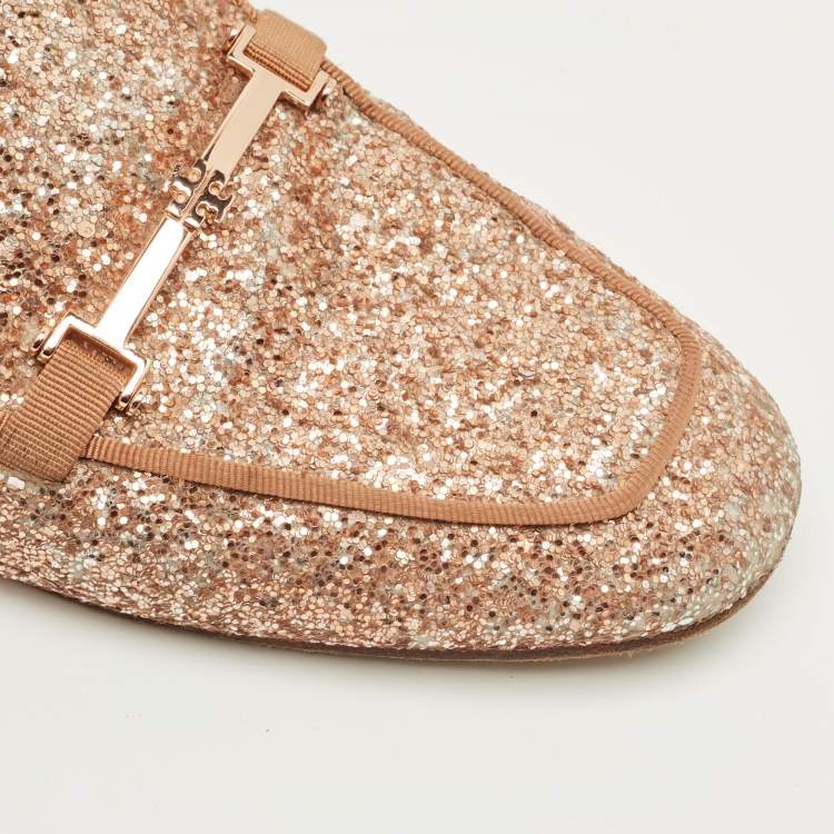 Pre Owned Tory Burch Gold Glitter Amalia Mules Size 39