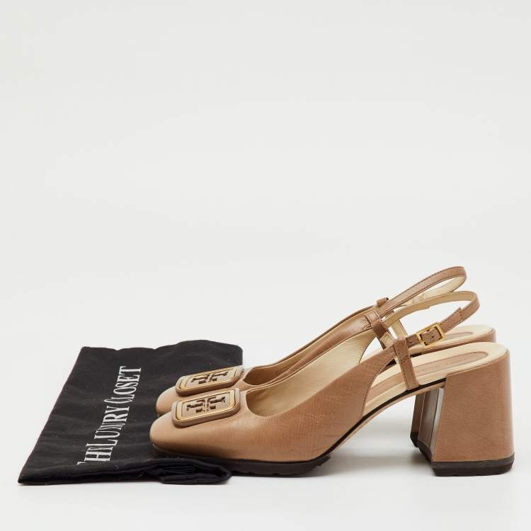 Pre Owned Tory Burch Brown Leather Georgia Slingback Block Heel Pumps Size 37