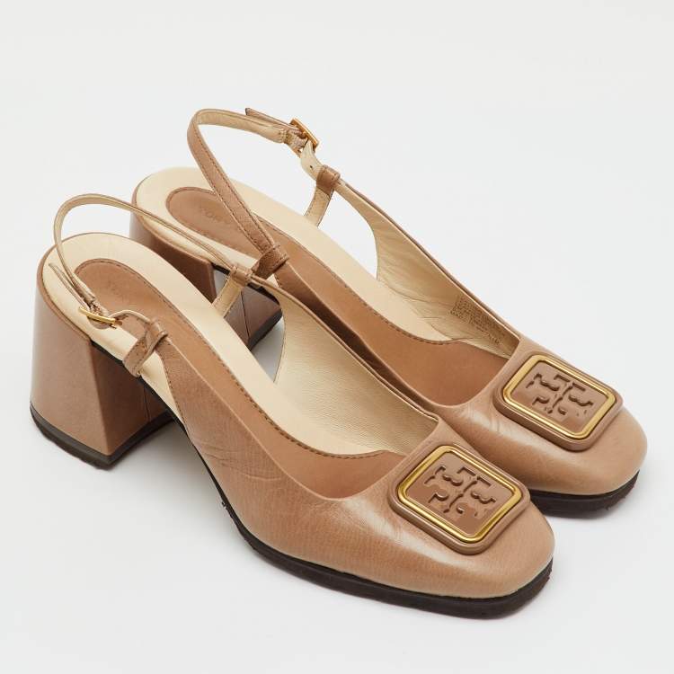 Pre Owned Tory Burch Brown Leather Georgia Slingback Block Heel Pumps Size 37
