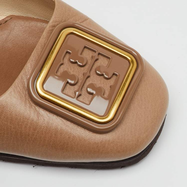 Pre Owned Tory Burch Brown Leather Georgia Slingback Block Heel Pumps Size 37